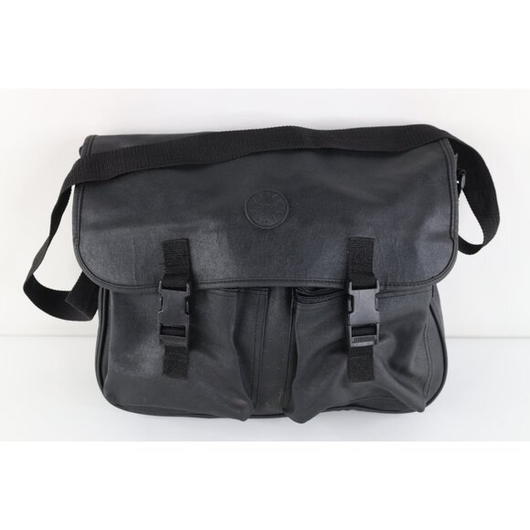 Vintage 90s Perry Ellis Spell Out Faux Leather Crossbody Messenger Bag Black